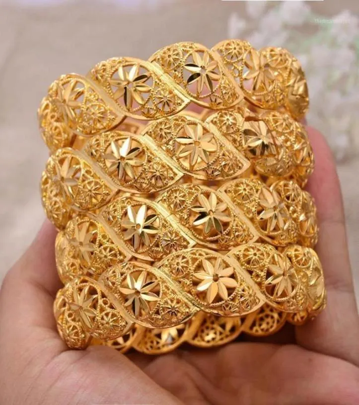 ANNAYOYO 4Pcslot Ethiopian Africa Gold Color Bangles for Women Flower Bride Bracelet African Wedding Jewelry Middle East Items13740528