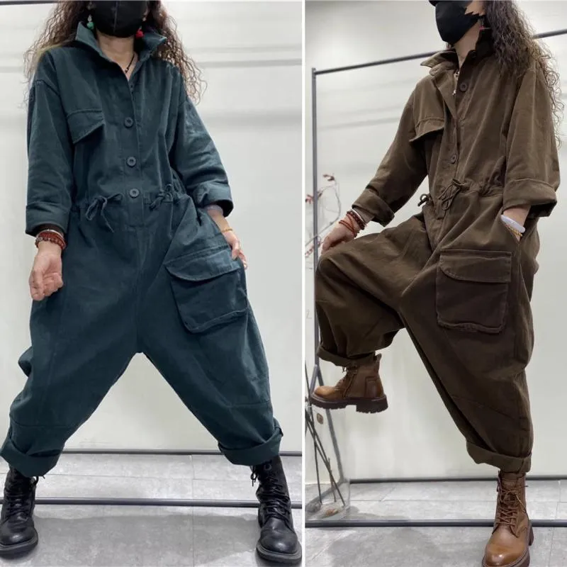 Kvinnors tvådelar byxor vår och höstmode plus storlek retro lös långärmad solid färg jumpsuit trend bomull avslappnad ett stycke