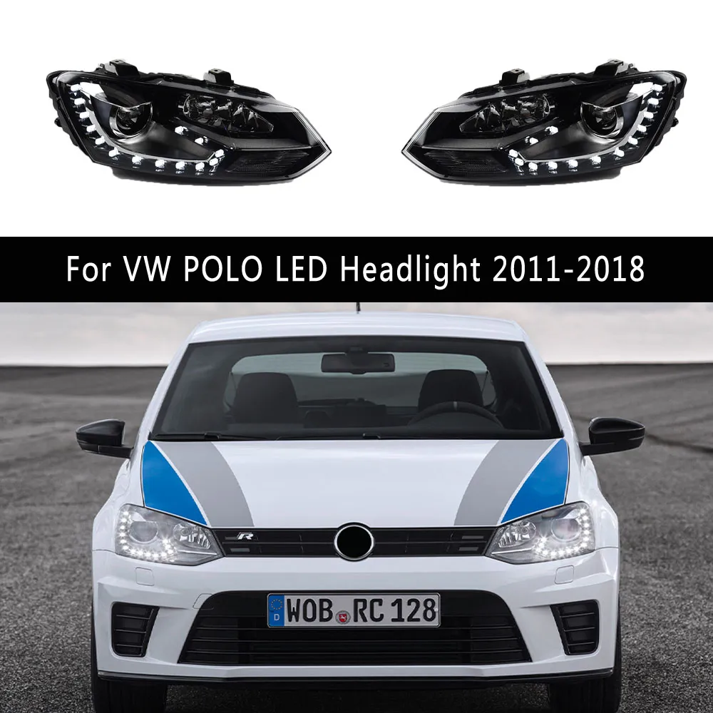 För Volkswagen Polo LED-strålkastare 11-18 DRL DAYTIME Running Light Streamer Turn Signal Car Accessories Front Lamp Strålkastare Assembly