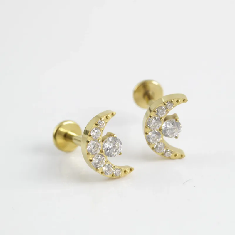 Boucles d'oreilles à tige UVW818, 1 pièce, matériau G23, lune brillante pour femmes, Design, Piercing à dos plat