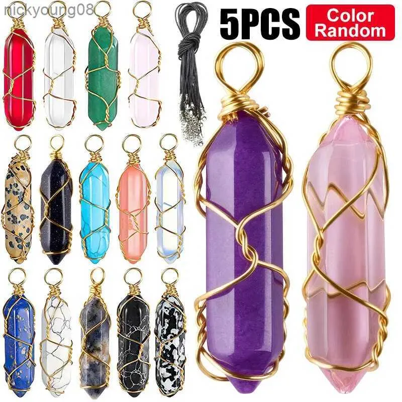 Pendant Necklaces 5pcs/Set Random Color Multicolor Crystal Stone Chakra Pendants Black Leather Necklace Quartz Bullet Shape