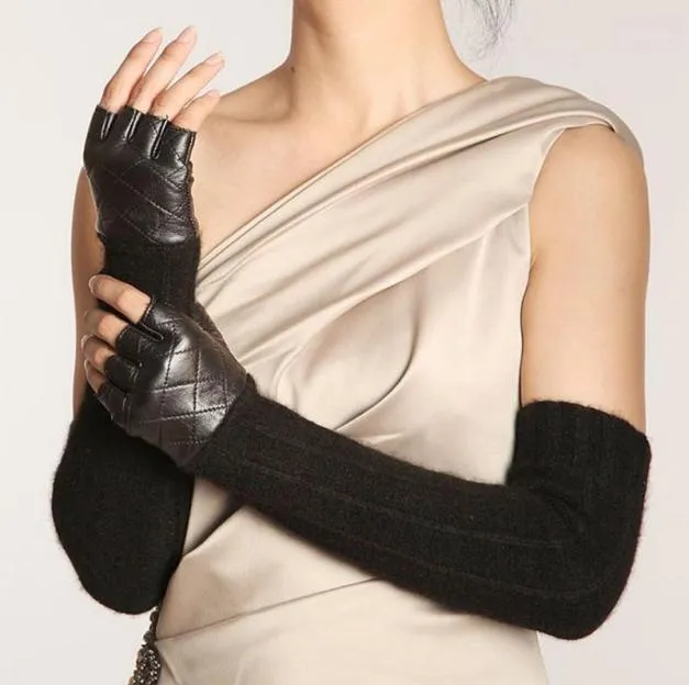 Перчатки с пятью пальцами, женские длинные перчатки из овчины без пальцев, модные в стиле панк из натуральной кожи, однотонные женские варежки, зимняя шерсть Glo2449197