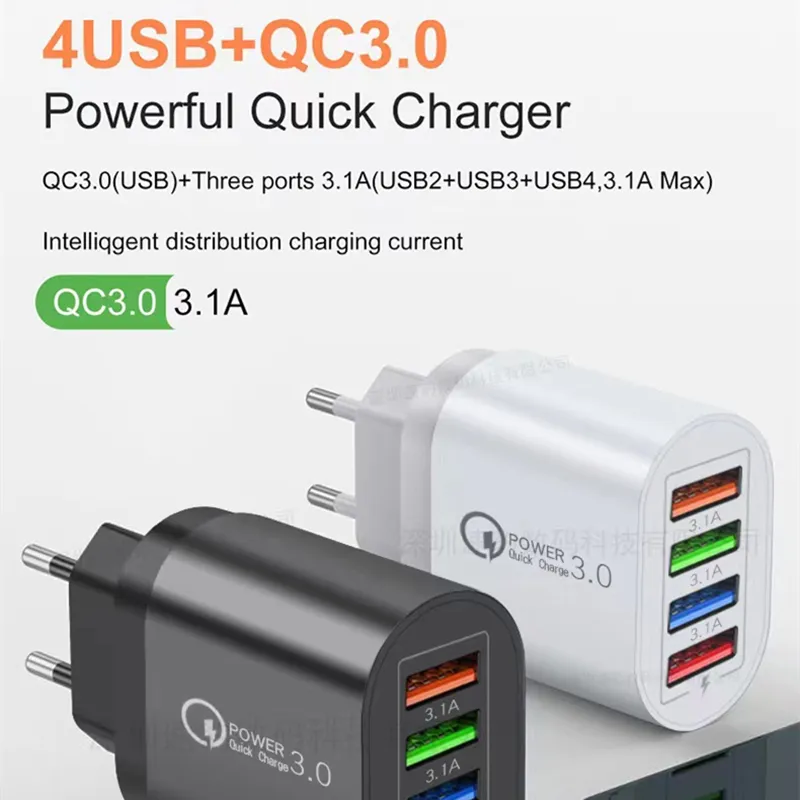 USB  3A Quik Charge 3.0 4 Port USB Mobile Phone Wall  Adapter For iPhone 15 Samsung S24 Xiaomi oneplus Fast 