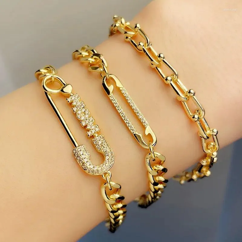 Länkarmband stift armband för kvinnor tillfälle 2024 mode zirkon glänsande guld silver färg designer kuba kedjor estetik