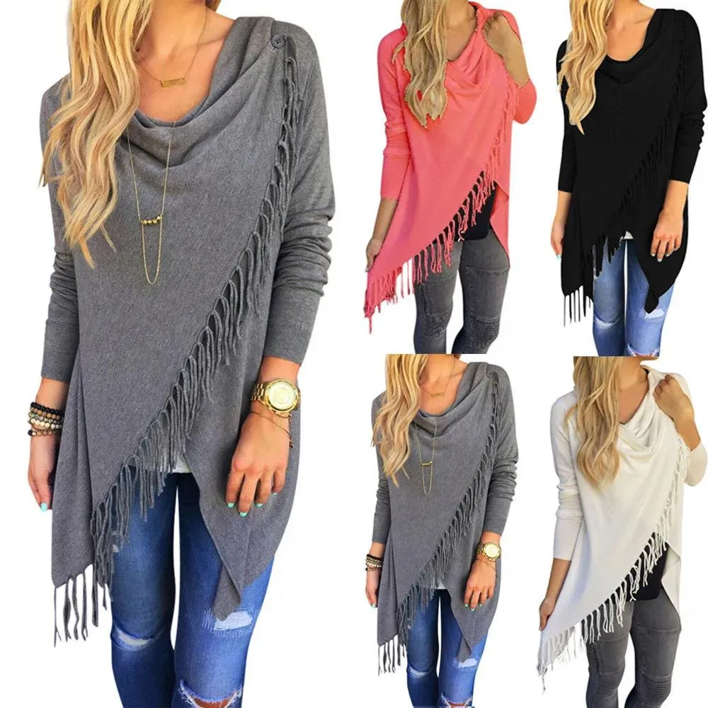 Tröjor WholesaleAugust Women Långärmning Stickad Cardigan Löst avslappnad oregelbunden Poncho Outwear Wrap frans Ny stil Tasseltröja