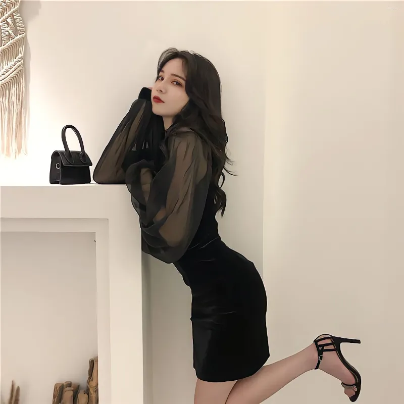 Casual Dresses Goth Velvet Dress Bodycon Mesh LongSleeve Sexy Black Cheongsams Elegant For Women Luxury Winter Chinese Style Robe Female