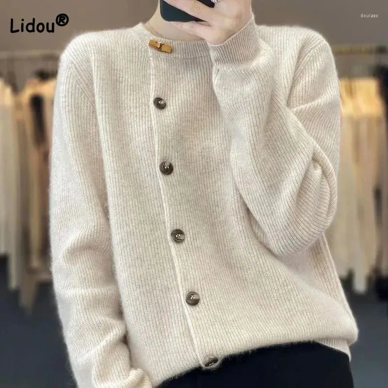 Kvinnors stickor Autumn Winter Long Sleeve Asymmetrical Sweaters Clothing Solid Color Fashion Single-Breasted Patchwork Sticked Cardigan