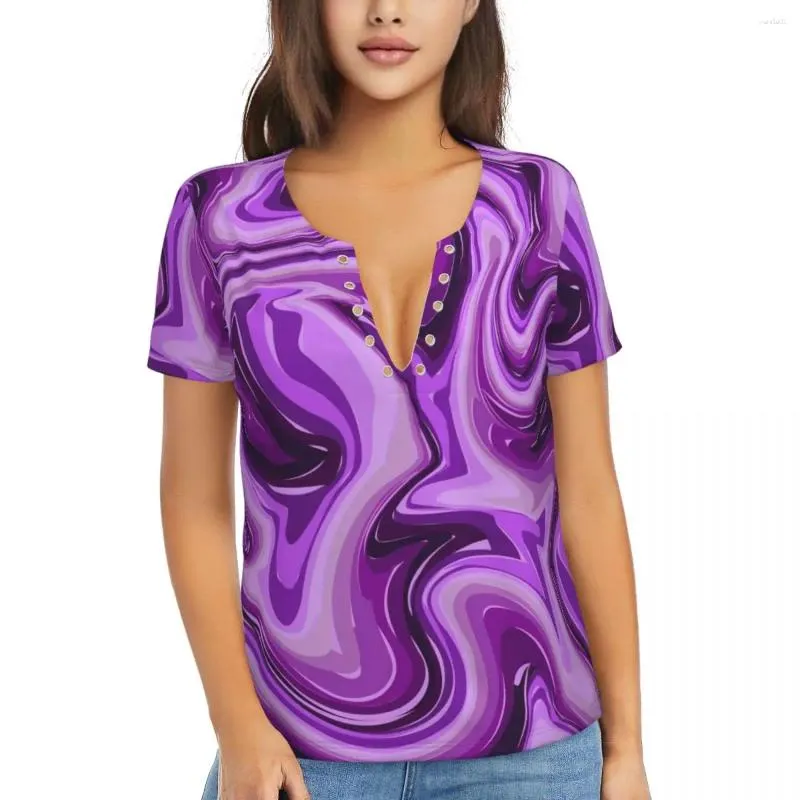 Koszulki damskie Purple marmurowy nadruk T-shirty płyn Casual Deep V Szyjka Krótkie rękaw