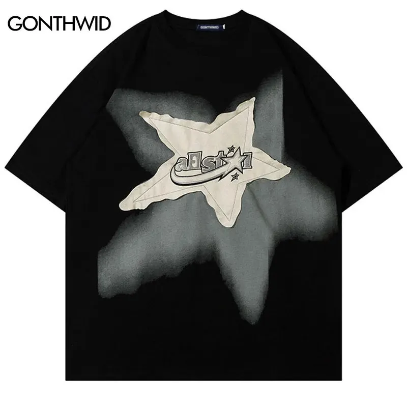 Män överdimensionerade T-shirtstjärna skarvade harajuku streetwear tshirts man mode casual lös bomull hip hop y2k t-shirt topps 240103