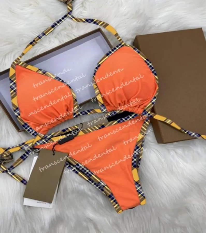 Ankomst kvinnor orange rutnät baddräkter bikini set mode sommar strand stil vind badkläder6969925