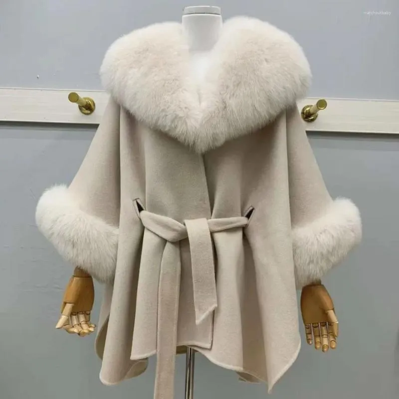 Scarves MS.MinShu Winter WomenDouble-sided Wool Coat Loose Version Large Fur Collar And Cuffs Woolen Poncho For Lady