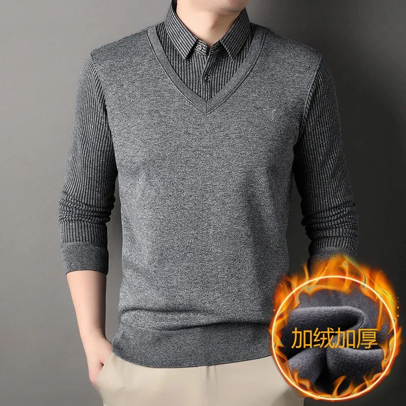 Men Twinset Knitted Sweaters Outwear Casual Pullovers Shirts Good Quality Male Winter Warm Fake Two Sweatercoats 4XL 240103