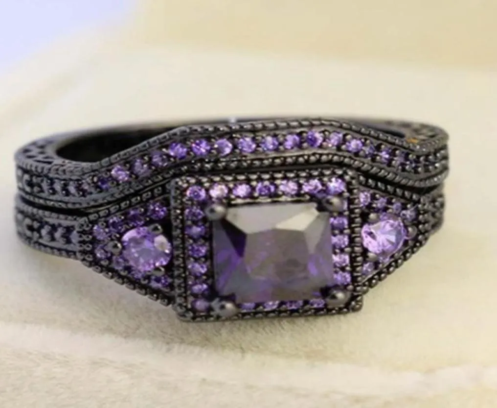 Anneaux de mariage bijoux de mode créatifs princesse coupe violet Zircon pierre noir rempli anneau ensemble Anniversary8780251