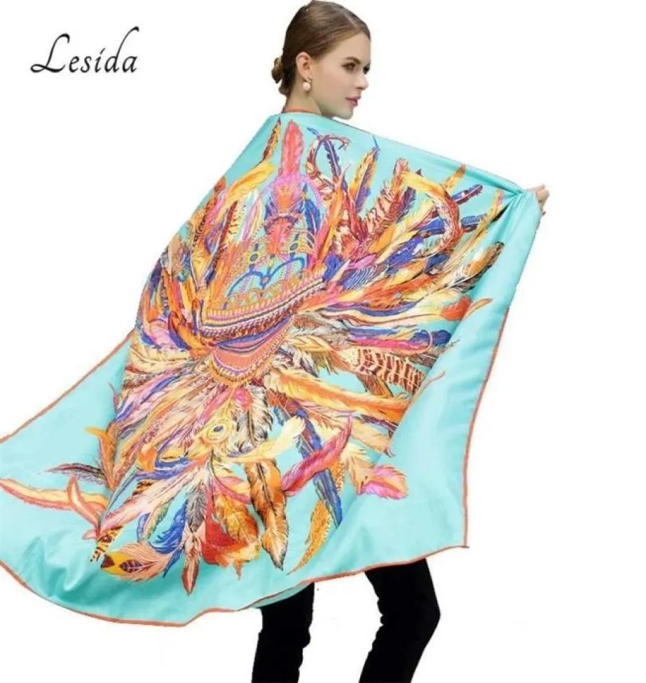 Lesida Silk Scarf Women Large Shawls Feather Print Stoles Square Bandana Luxury Brand Kerchief Scarves Female Foulard 1306 2112228828904