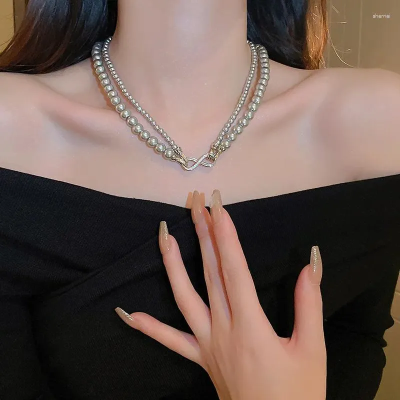 Ras du cou Minar élégant Double couche de verre simulé perle colliers de perles pour femmes dames argent plaqué cuivre CZ Zircon perles