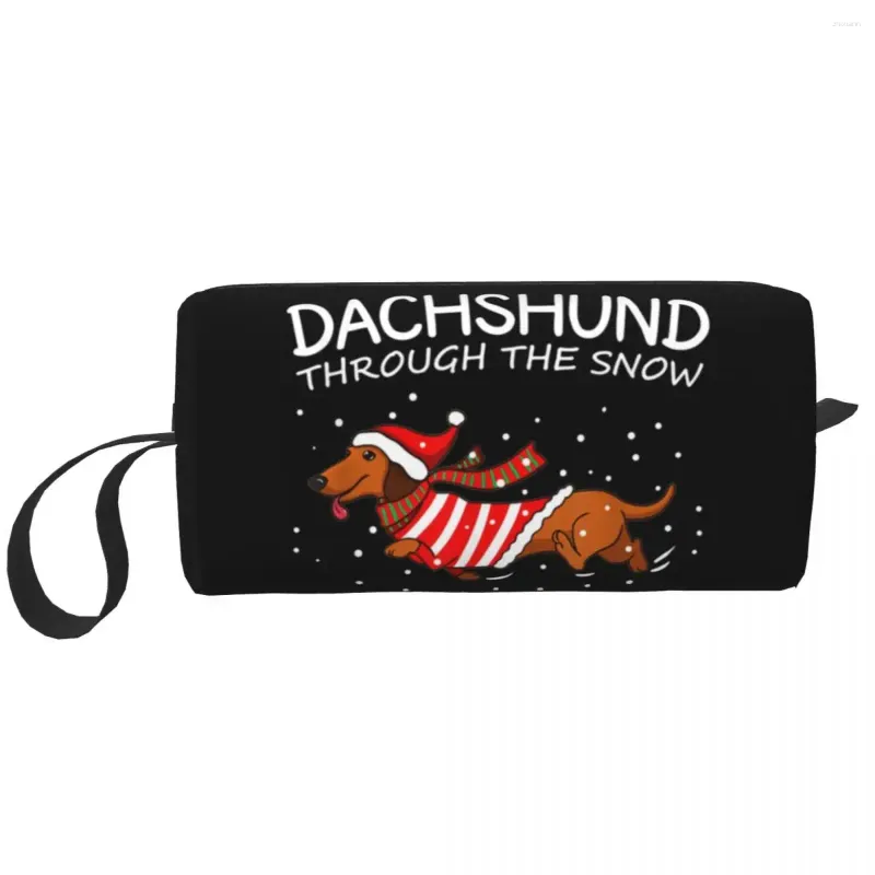 Cosmetic Bags Christmas Dachshund Through The Snow Travel Toiletry Bag For Women Pet Sausage Dog Makeup Beauty Storage Dopp Kit
