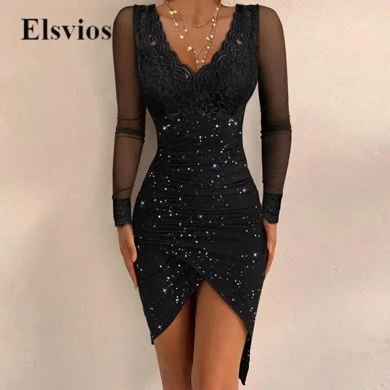 Casual Dresses Women Sexig Sheer Mesh broderi spetsklänning elegant v hals blankt glittrande tätt fest mode långärmad mini