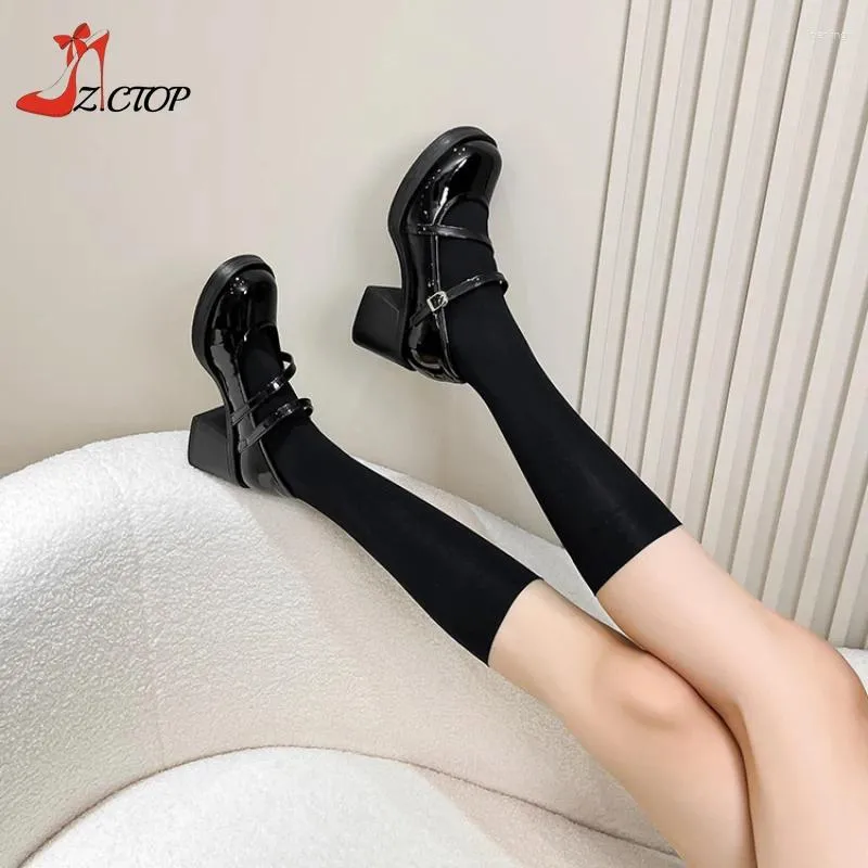 Dress Shoes Black Pumps For Women Buckle Strap Mary Jane 2024 Retro Patent Leather Thick High Heels Ladies Office