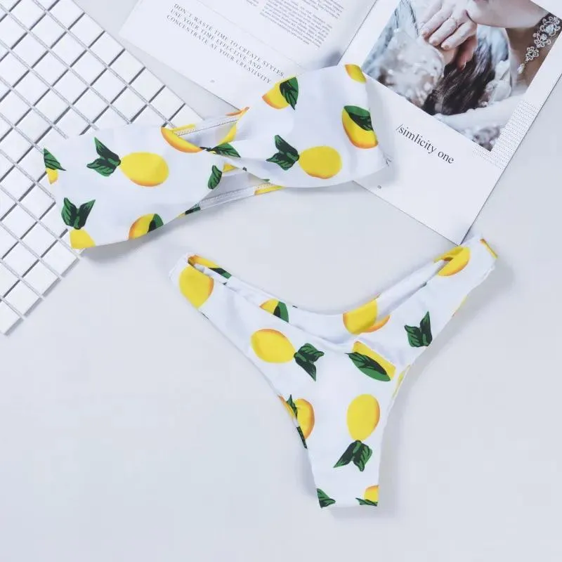 Swimwear Lemon Print Twist Bandeau Bikini Set Bathing Suit Swimsuit Strapless High Leg Thong Bikini Push Up Bikini Women Swimwear