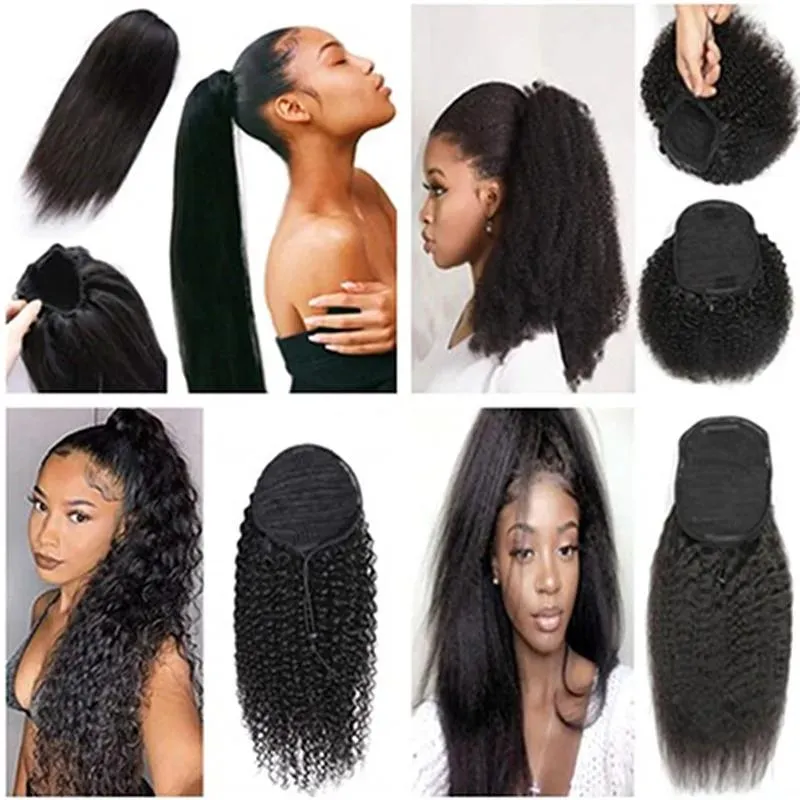 Ponytails Drawstring Human Hair Ponytail 10A Natural Black Afro Kinky Curly Extension for Women 100% Virgin Brazilian Hair Clip in Straight