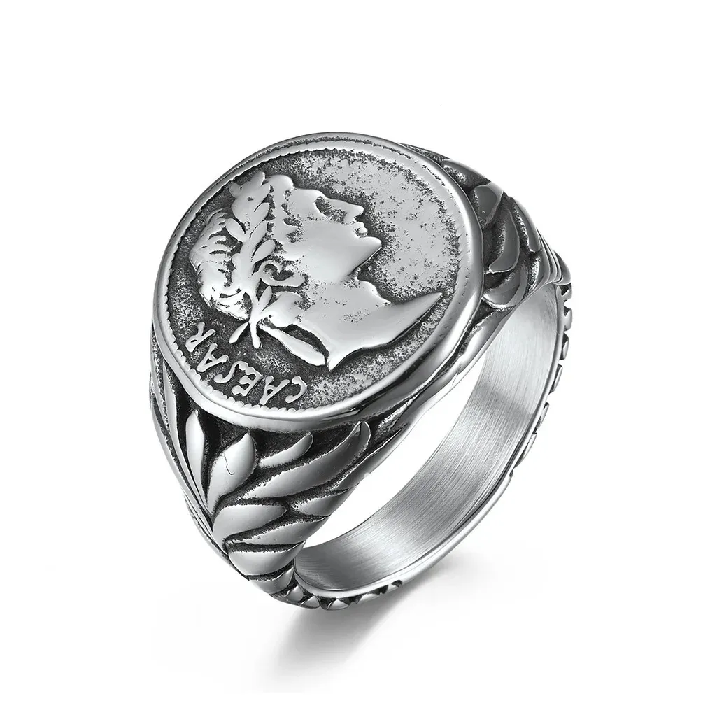 Eheringe Roman Gaius Julius Caesar Kopf Ring Vintage Edelstahl Münze Jules Caesar Herren Krieger Schmuck Ring 240103