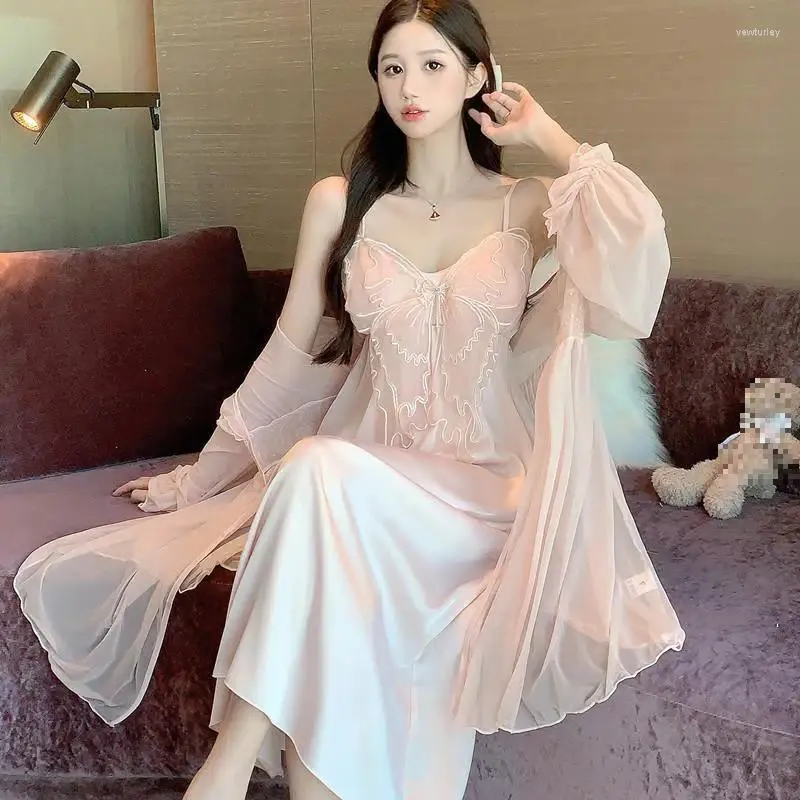 Women's Sleepwear Pink Princess Bathrobe Gown Set Women Mesh Nightgown Dress Twinset Court Style Ice Silk Nightdress Kimono Robe Suit