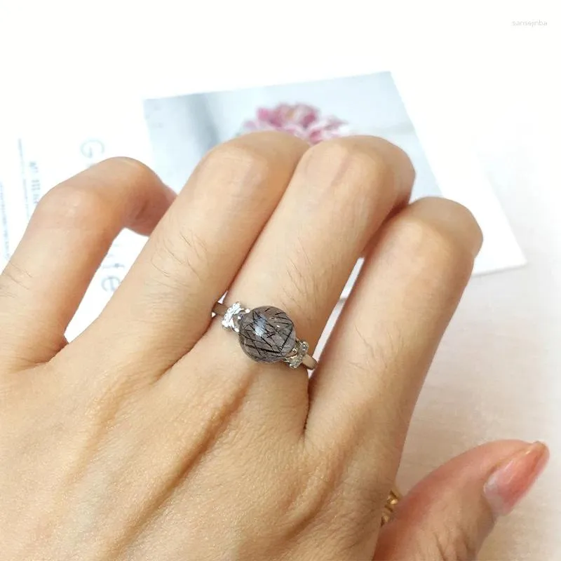 Anelli a grappolo Anello in argento sterling regolabile con tormalina nera naturale Quarzo rutilato Regalo per gioielli curativi per dita da donna