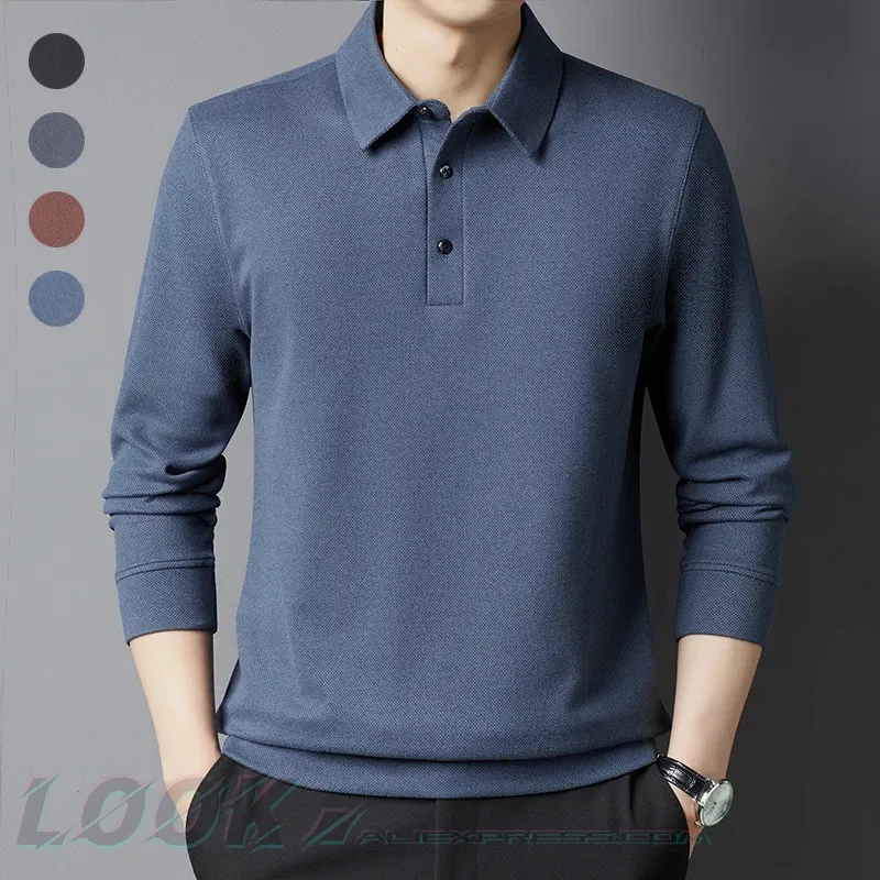 2023 Men's Knitted Polo Collar Pullover | AutumnWinter Solid Color LongSleeved Business Golf Sweatshirt Size M4XL y2k 240104