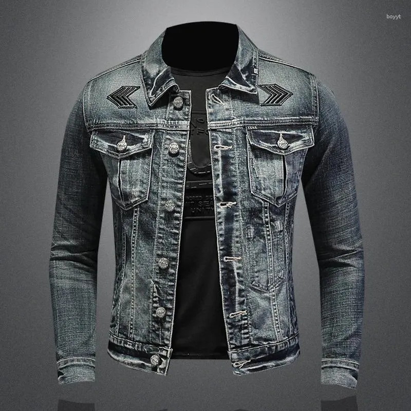 Giacche da uomo High Street Denim Moda Uomo Cappotti con bottoni Retro Nero Designer Brand Strappato Jean Turndown Collar Abbigliamento da motociclista Hip Hop