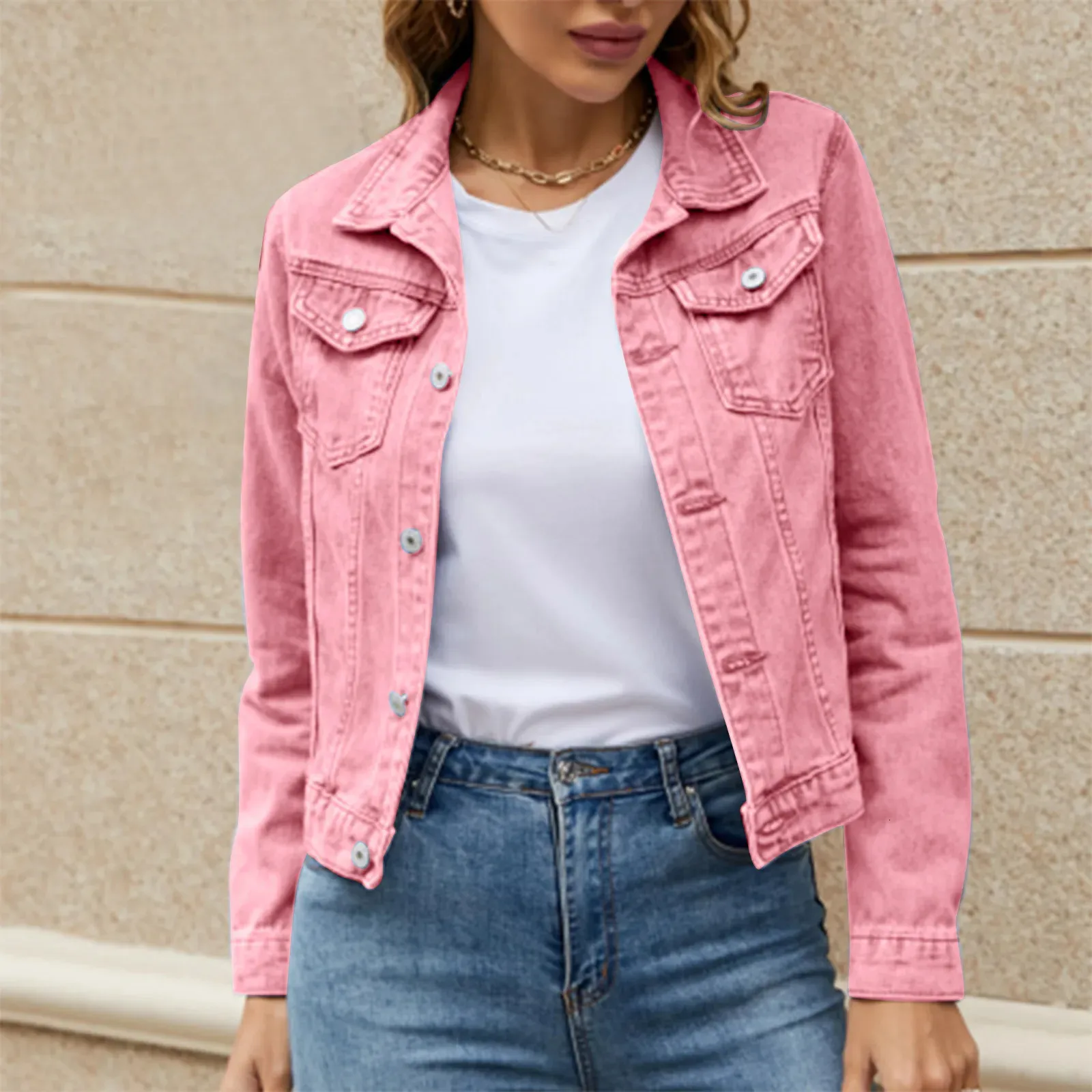 Female Short Denim Woman Clothing Basic Solid Button Down Coats Denim Over Coats Autumn Turn Down Collar Long Sleeved Jackets 240122