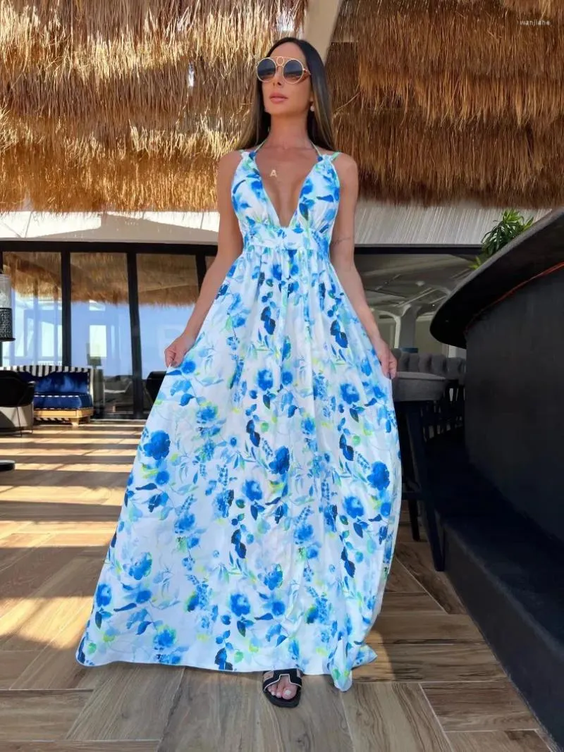 Casual Dresses 2024 Women's Sexy Long Dress V Neck Skirt Sweet Printed Bra Backless Chic Floral Beach Dance Robe