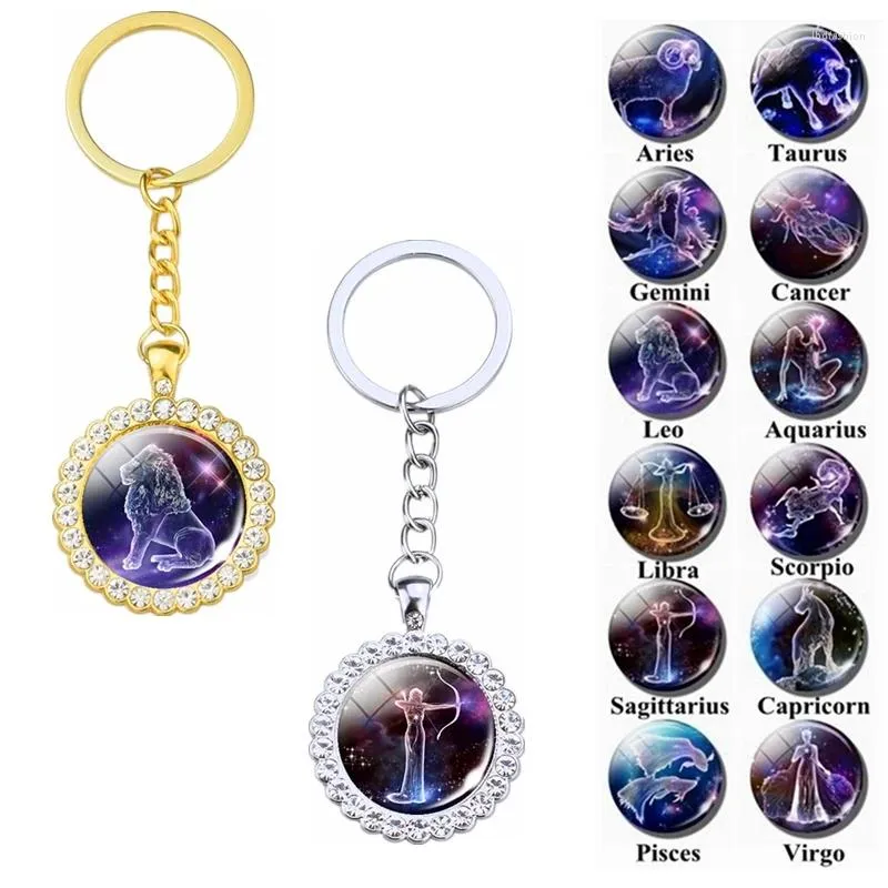 Keychains 12Konstellation Glass Keychain Fashion Rhinestone Pendant Silver/Gold Plated Zodiac Carkeyring smycken BirthdayGift