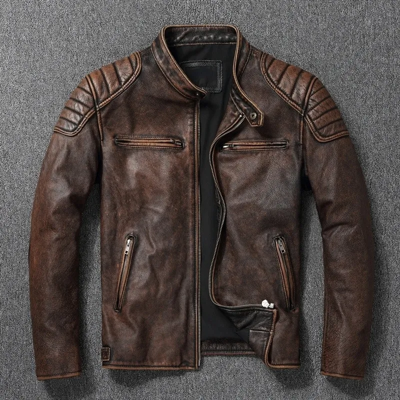 Винтажная желто-коричневая куртка из натуральной воловьей кожи, мужская мотоциклетная куртка, мужская байкерская одежда, весна-осень, азиатский размер 6XL 240103