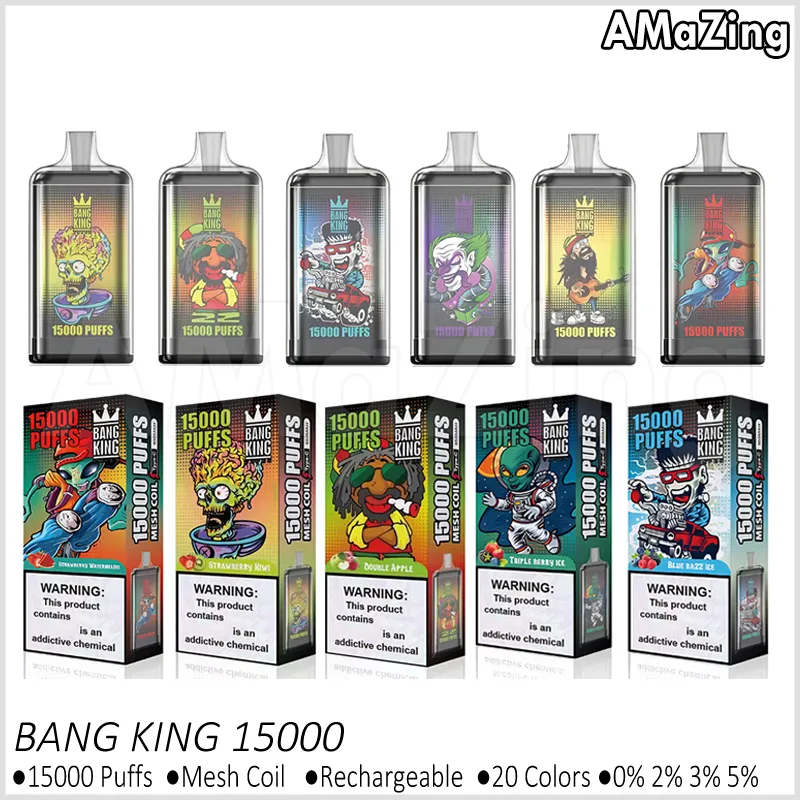 Bang King 15000 soffi monouso Vape Bar Puff 15K Mesh Coil ricaricabile Sigarette elettroniche Vaporizzatori 0% 2% 3% 5% Vapers 20 colori