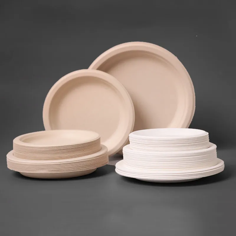 Assiette en bagasse blanche jetable, 7/9 pouces, 100% compostable, résistante et écologique, en fibres de canne à sucre naturelles, assiettes en papier biodégradables W0161