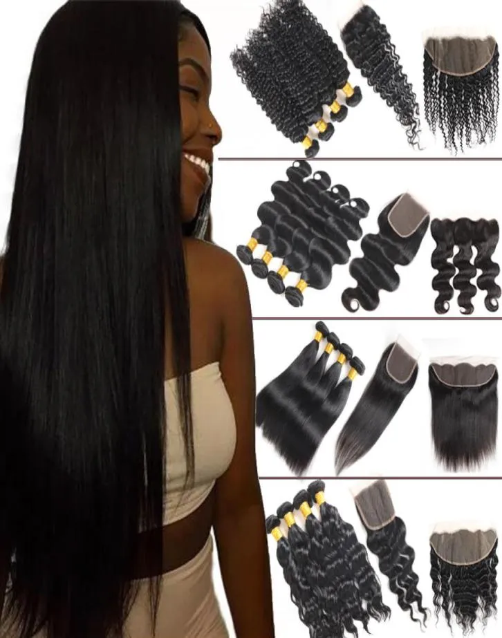 8A Straight Brazilian Human Hair 4 Bundles with Closure Body Deep Water Wave Virgin Hair Bundles with Lace Frontal Kinky Curly Ext8236325