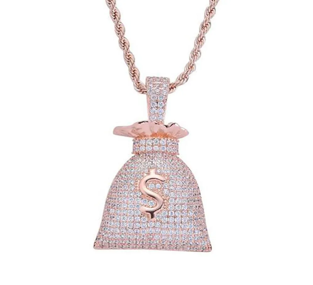 Iced Out CZ Bling Dollar Sign Money Bag Pendant Necklace Mens Micro Pave Cubic Zirconia Gold Silver Rose Gold Necklace3013638