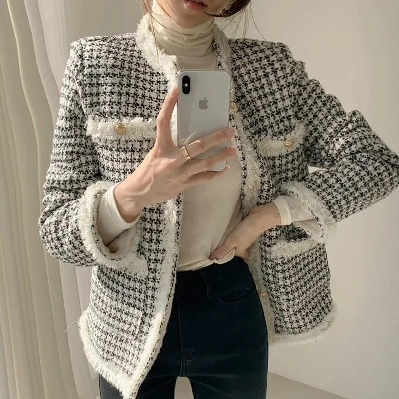 مزيج من الصوف النسائي يمزج بين النساء houndstooth lambwool سترة اقتصاص الخريف شتاء شرابة الترقيع خمر Outwear allmatch واحد brea