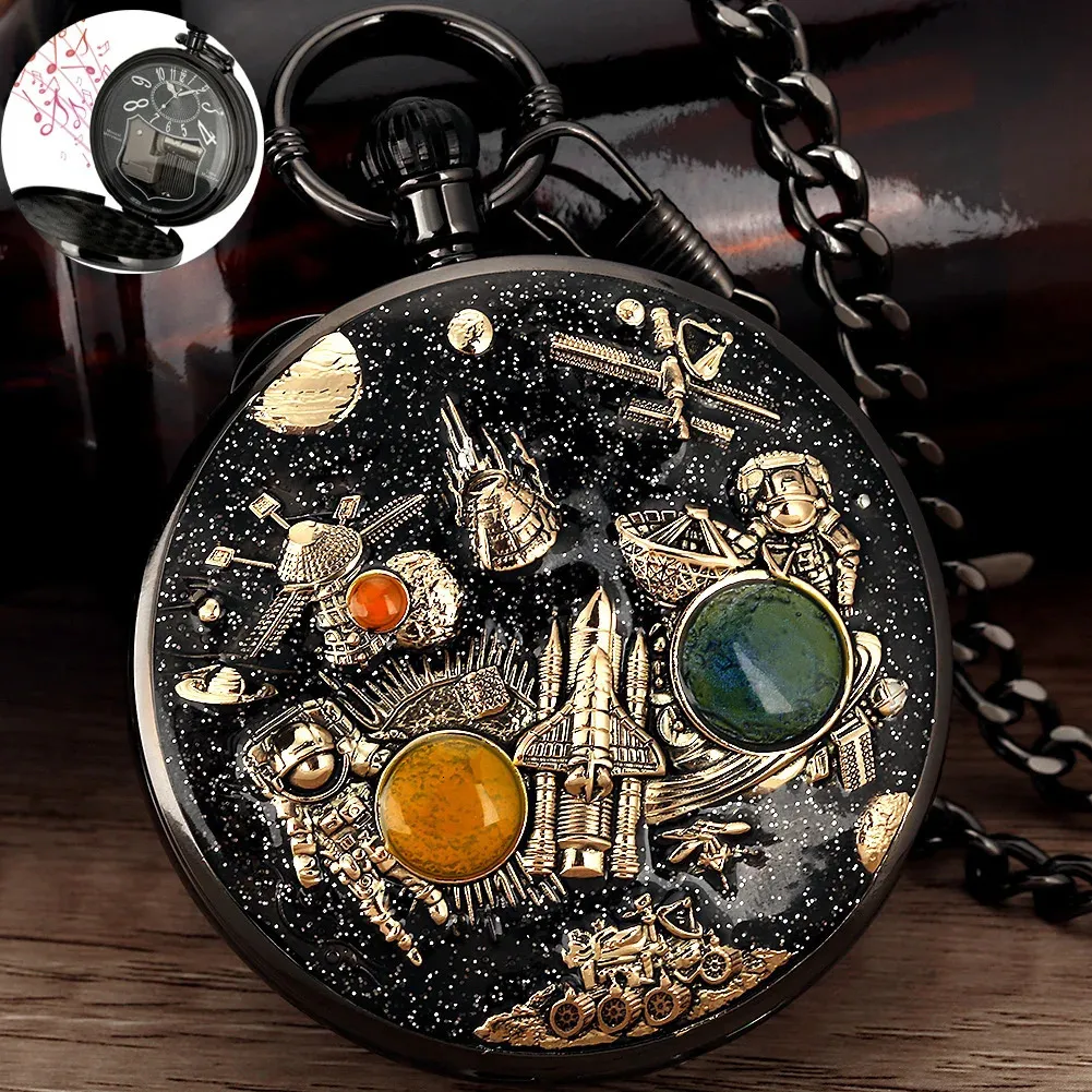 Space Series Music Pocket Watch Original Men Quartz Chain Clock Women Halsband Klockor unika par Collectibles Gift 240103