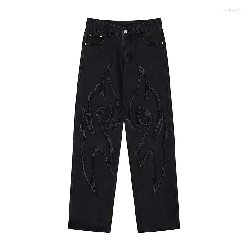 Mens Jeans Street Retro Raw Edge Embroidery Baggy Men