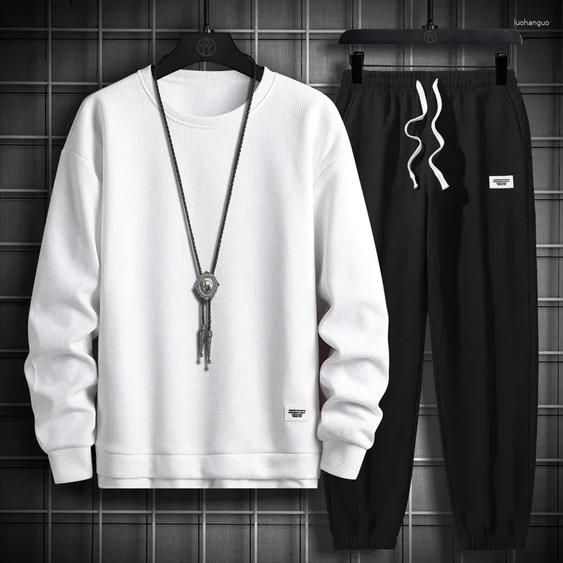 Herrtröjor solid färg tröja män harajuku hoodies o nacke långärmad avslappnad män pullover toppar streetwear byxa man set