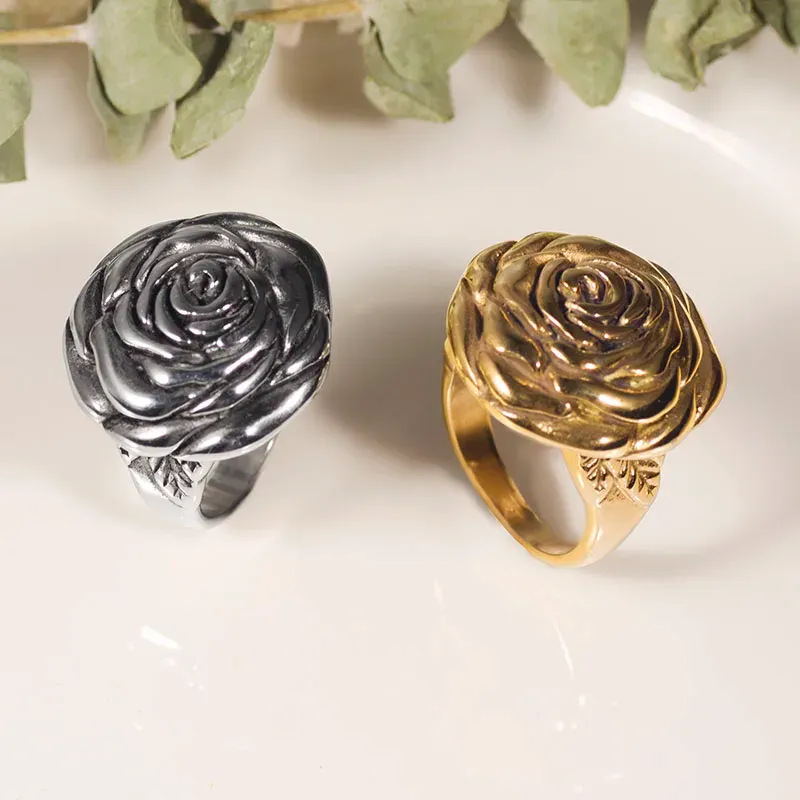 Rose Blossom 14k Jaune Gold State Style Rock Flower Ring Gift for Men / Women Taille 7-13