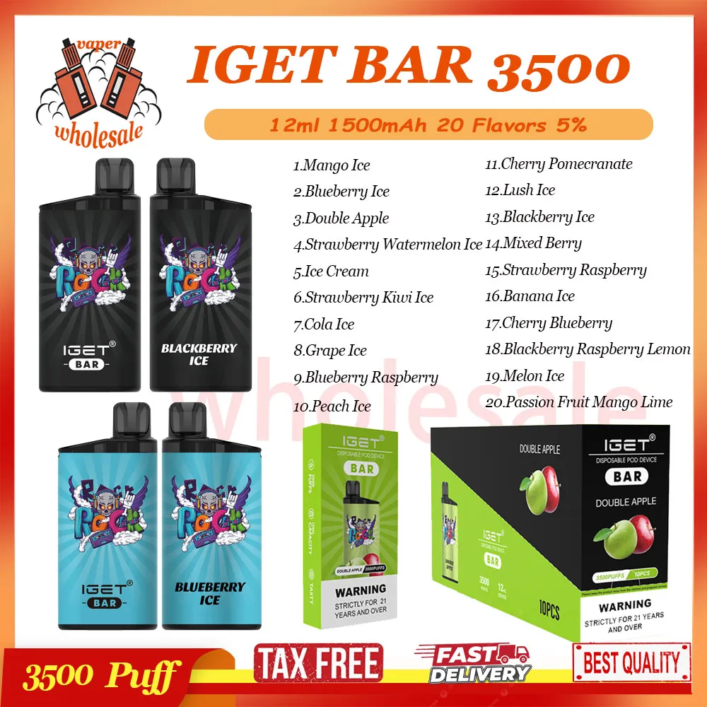 100% originale IGET Bar 3500 Puff monouso Vape Pen Mesh Coil 12ml Preriempito Pod E Sigaretta 5% RBG Light Vape Pen Kit 20 gusti Disponibile