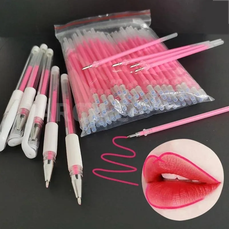 Machine 50 stks Roze Tattoo Marker Pen Witte Brow Pen Wenkbrauw Pen voor Permanente Make-up Wenkbrauwen Lip Scribe Tool Pmu Accessoire Benodigdheden