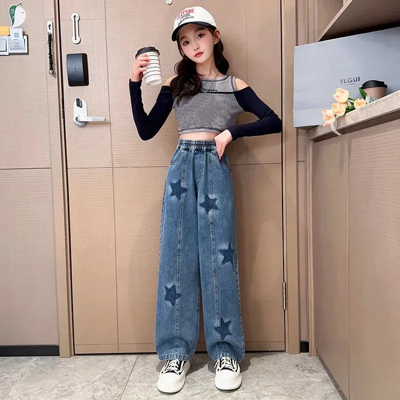 DHgate.com:Big Girls Wide Leg Jeans - Star Pattern, Loose