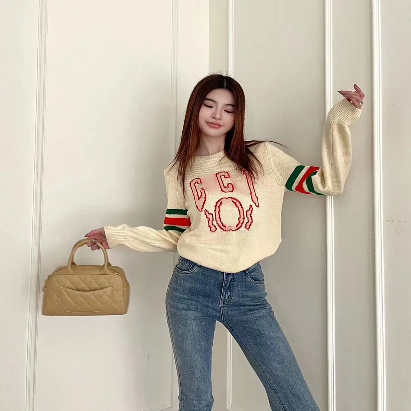 Designer knitwear jacquard letters logo sweet sister style autumn and winter ladies round neck long-sleeved knitted tops