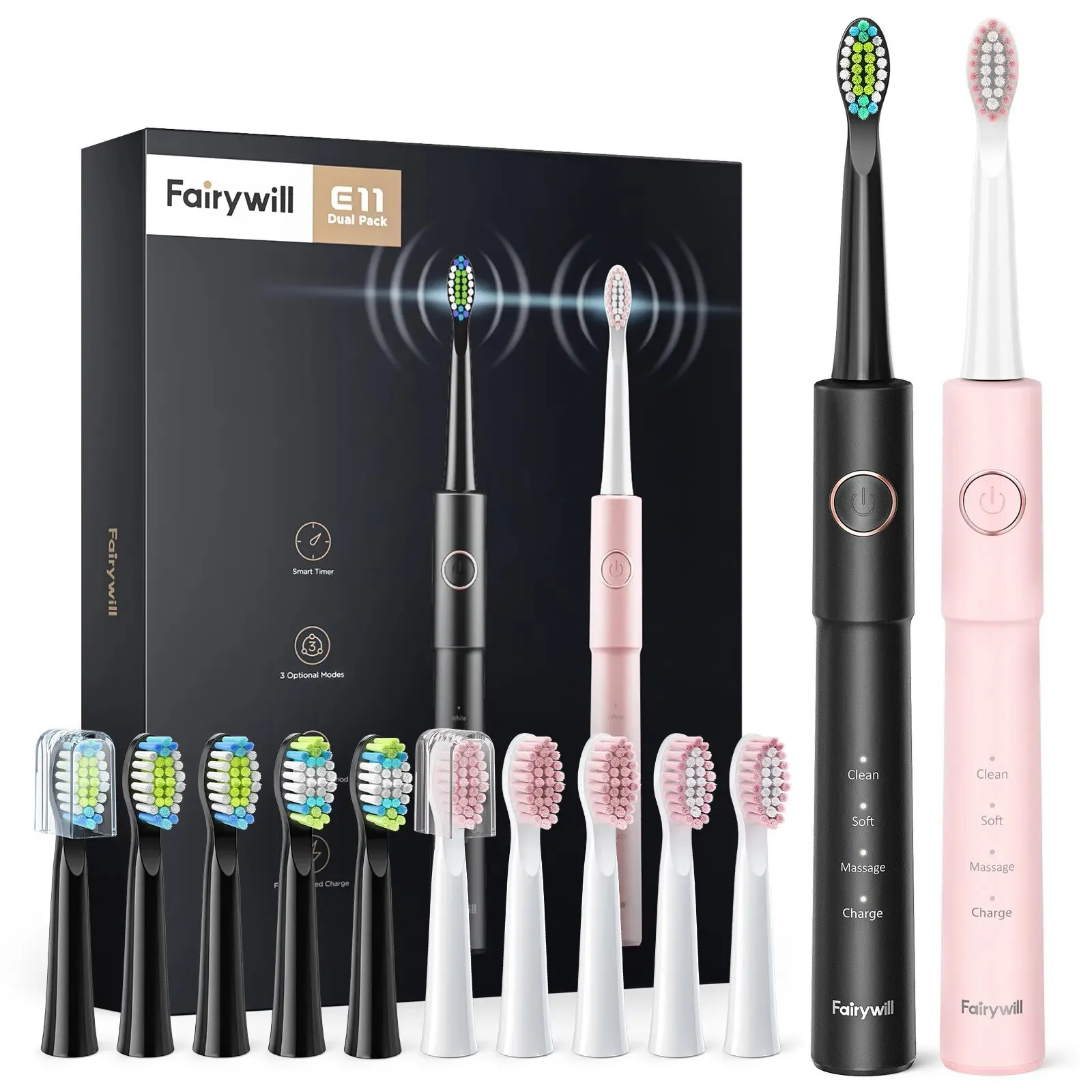 Fairywill Sonic elektrische tandenborstel E11 waterdichte USB-oplader met 8 vervangende borstelkoppen zwart en roze set voor koppel 240104