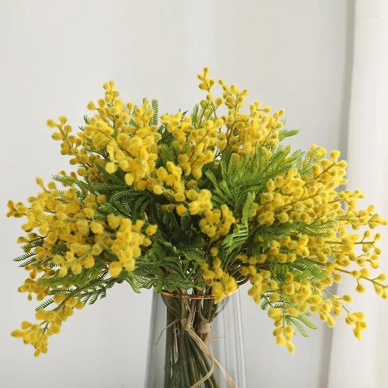 Flores decorativas 6 pcs / pacote flor artificial amarelo acácia mimosa pelúcia pudica spray cereja fruta seda falsa para decoração de casamento em casa