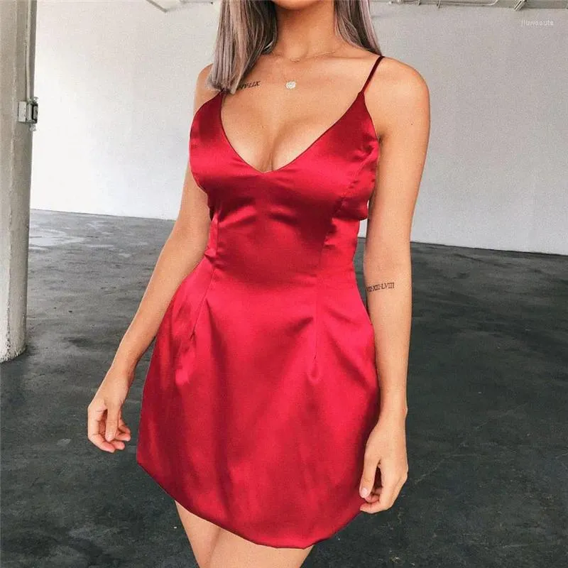 Casual Dresses Yuqung V Neck Satin Mini Dress Women Sexig faux Silkband Evening A Line Short Slip Pink Sundress Vestidos Robe Femme 2B33