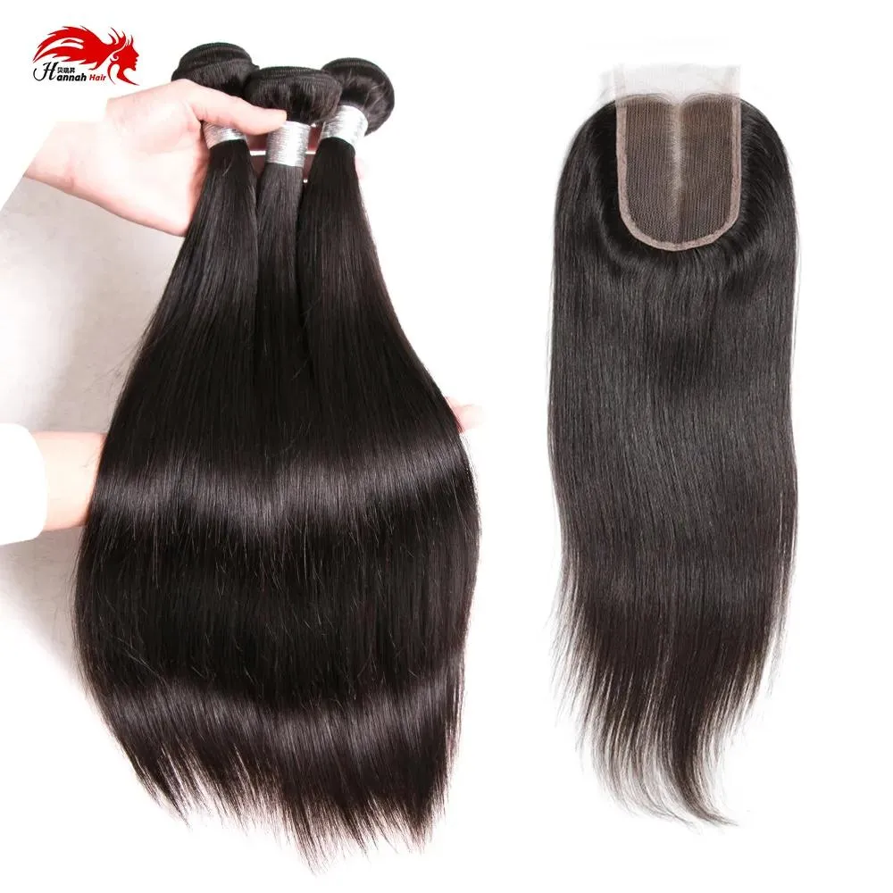 Wefts Hannah product Hot Sale 4Pcs/LOT 1 Piece Closure With Hair Bundles 3Pcs Human Virgin Hair Weft With Closure For Full Head Straight